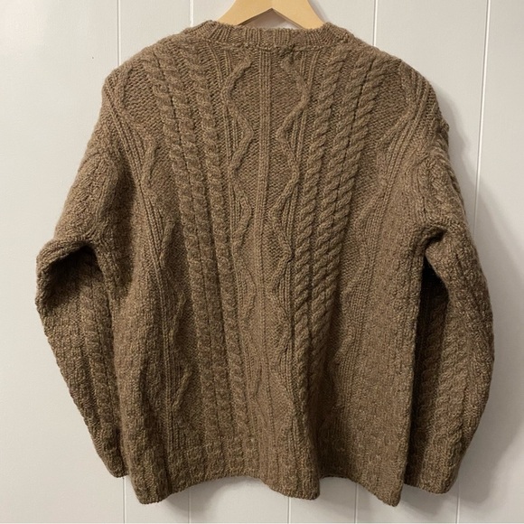 Aran Crafts 100% Wool Fisherman Knit V Neck Sweater Ireland Retro Grandpa Brown - Picture 6 of 7